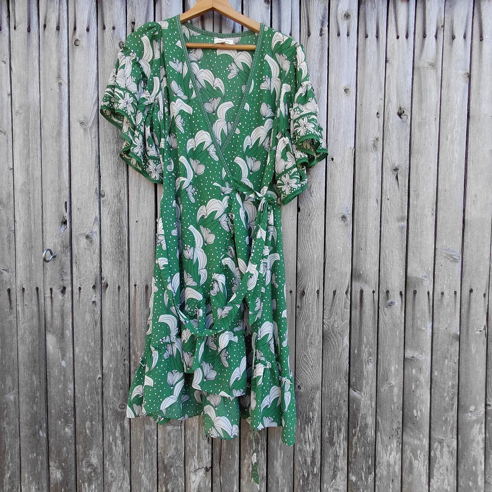 Max Studio green black white floral flutter sleeve boho romantic dress Womens L - Picture 8 of 17